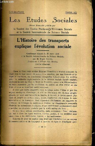 LES ETUDES SOCIALES - OCTOBRE 1937 - l'histoire des transports explique l'volution sociale confrence donne le 25 mars 1936 par Roger Grand.