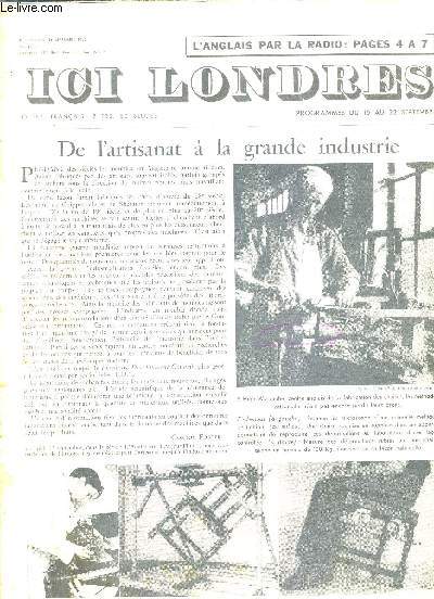 ICI LONDRES N449 14 SEPTEMBRE 1956 - de l'artisanat  la grande industrie - le dimanche anglais a bien volu depuis cinquante ans - la socit franaise vu par une anglais - une pice policire du XVIIe sicle par Jonathan Griffin etc.