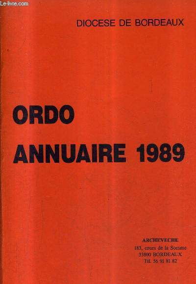 ORDO ANNUAIRE 1989 - DIOCESE DE BORDEAUX.