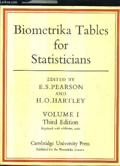 BIOMETRIKA TABLES FOR STATISTICIANS - VOLUME 1 / THIRD EDITION REPRINTED WITH ADDITIONS.