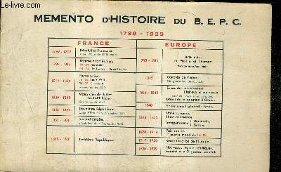 MEMENTO D'HISTOIRE DU B.E.P.C. 1789-1939.
