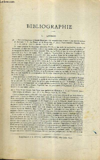 BIBLIOGRAPHIE SUPPLEMENT A LA REVUE GREGORIENNE MAI JUIN 1953 - Dom Guranger - Dom Henri Tissot - S.Fxc. Mgr Garrone - A.Hamman - N.Gogol - TH.Klauser - H.Mogenet - D.Von Hildebrand - P.Lippert - Th.Merton - P.M.Bruno - E.Kadloubousky and C.Palmer etc.