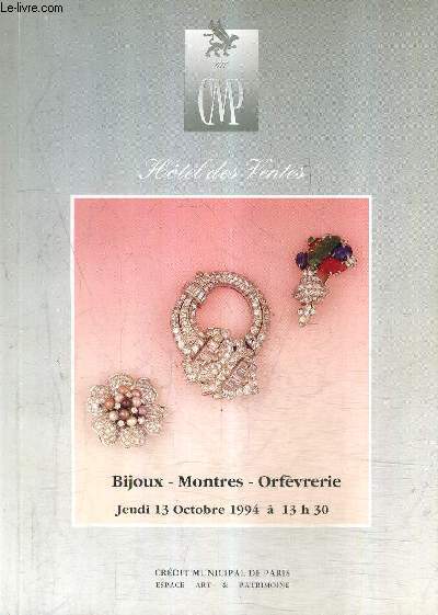 CATALOGUE DE VENTES AUX ENCHERES - BIJOUX MONTRES ORFEVRERIE - 13 OCTOBRE 1994 - CREDIT MUNICIPAL DE PARIS ESPACE ART & PATRIMOINE.