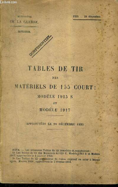 TABLES DE TIR DES MATERIELS DE 155 COURT : MODELE 1915 S ET MODELE 1917 - APPROUVEES LE 28 DECEMBRE 1935 - MINISTERE DE LA GUERRE ARTILLERIE.