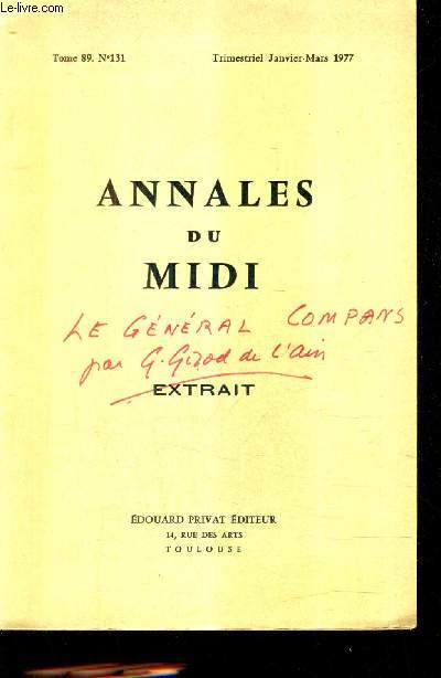 ANNALES DU MIDI - EXTRAIT - TOME 89 N131 - JANVIER MARS 1977 - Gabriel Girod de L'ain le gnral compans .