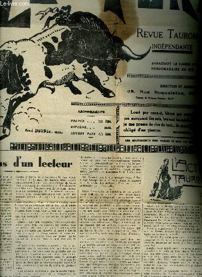 LE TORIL REVUE TAUROMACHIQUE N17E ANNEE N DU 3 SEPTEMBRE 1938 - rflexions d'un lecteur - l'actualit tauromachique - manolo benvenida se meurt - rafael gonzalez machaquito - une enquete tauromchique peut on estoquer avec la main gauche ? etc.