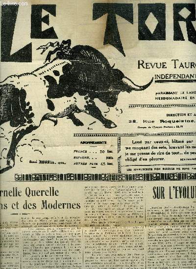 LE TORIL REVUE TAUROMACHIQUE N566 23 JIULLET 1938 - l'eternelle querelle des anciens et des modernes - sur l'volution de la corrida - la novillada - secouons les tapis - le referendum de l'U.D.A .