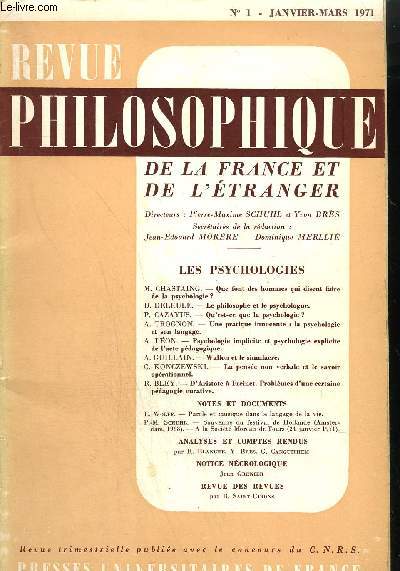 REVUE PHILOSOPHIQUE DE LA FRANCE ET DE L'ETRANGER N1 - JANV/MARS 1971