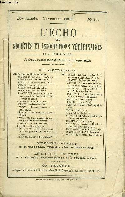 L'ECHO DES SOCIETES ET ASSOCIATIONS VETERINAIRES Novembre 1888