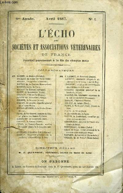 L'ECHO DES SOCIETES ET ASSOCIATIONS VETERINAIRES Aot 1887