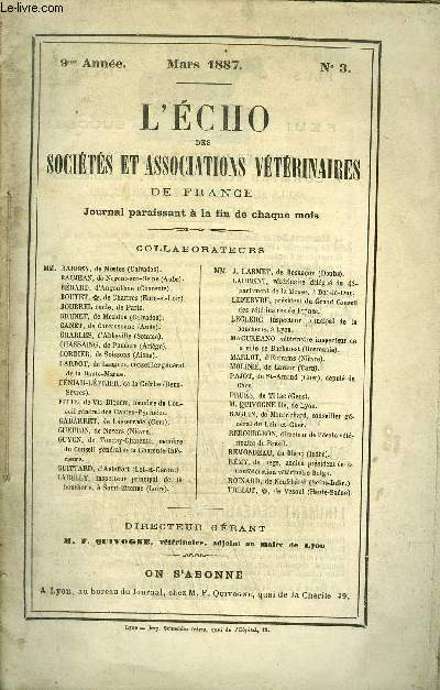 L'ECHO DES SOCIETES ET ASSOCIATIONS VETERINAIRES Mars 1887
