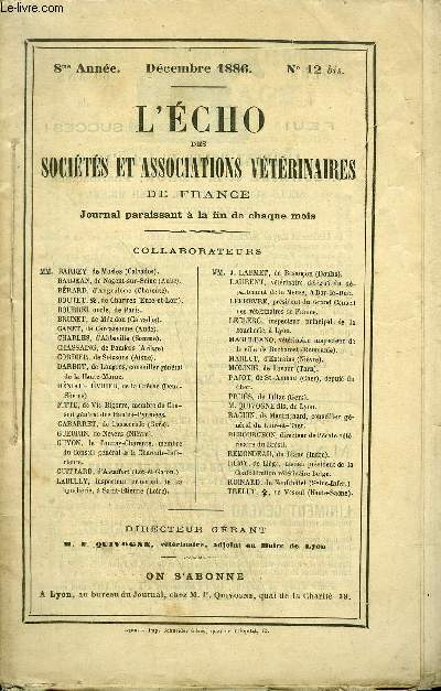 L'ECHO DES SOCIETES ET ASSOCIATIONS VETERINAIRES Dcembre 1886