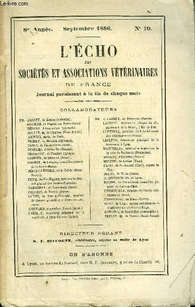L'ECHO DES SOCIETES ET ASSOCIATIONS VETERINAIRES Septembre 1886