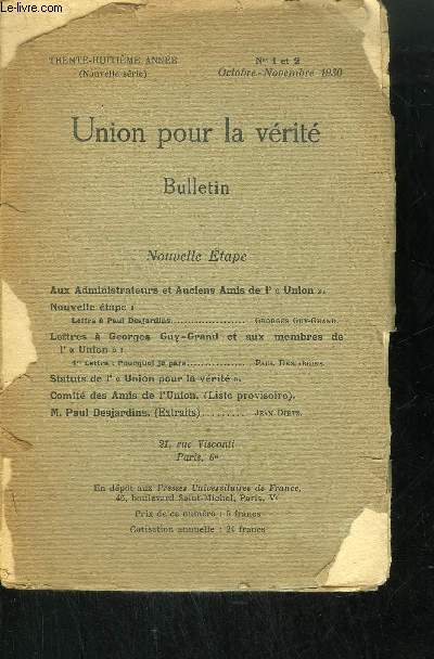 UNION POUR LA VERITEN1 ET 2 OCTOBRE-NOVEMBRE 1930 - BULLETIN