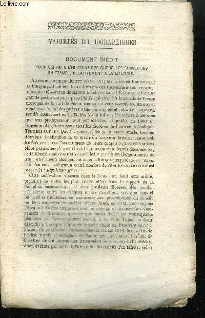 EXTRAIT BULLETIN DU BOUQUINISTE - VARIETE BIBLIOGRAPHIQUES - DOCUMENT INEDIT POUR SERVIR A L'HISTOIRE DES QUERELLES SURVENUES EN FRANCE, RELATIVEMENT A LA LITURGIE