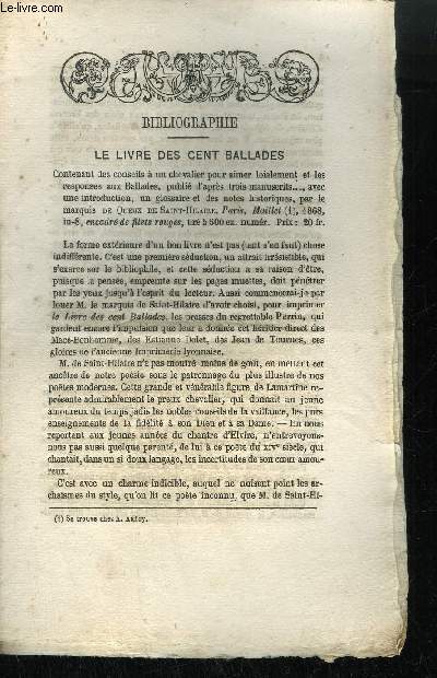 EXTRAIT BULLETIN DU BOUQUINISTE - VARIETE BIBLIOGRAPHIQUES - LE LIVRE DES CENT BALLADES