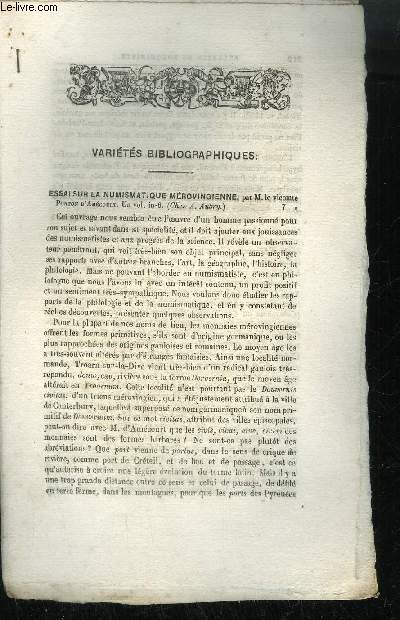 EXTRAIT BULLETIN DU BOUQUINISTE - VARIETE BIBLIOGRAPHIQUES - ESSAI SUR LA NUMIMASTIQUE MEROVINGIENNE