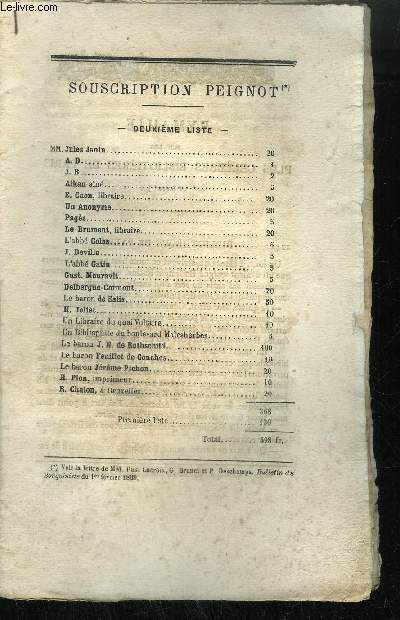 EXTRAIT BULLETIN DU BOUQUINISTE - VARIETE BIBLIOGRAPHIQUES - SOUSCRIPTION PEIGNOT - RYMAILLE SUR LES PLUS CELEBRES BIBLIOTIERES DE PARIS
