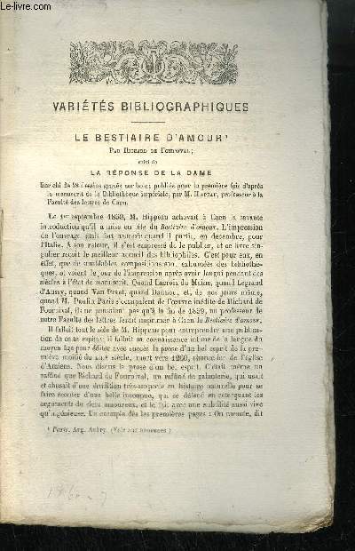 EXTRAIT BULLETIN DU BOUQUINISTE - VARIETE BIBLIOGRAPHIQUES - LE BESTIAIRE D'AMOUR SUIVI DE LA REPONSE DE LA DAME - PARIS AU TREIZIEME SIECLE