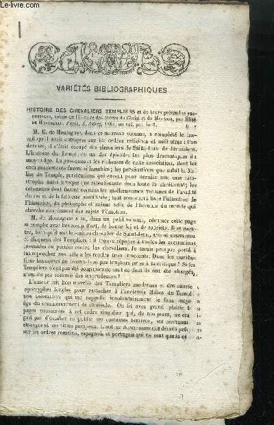 EXTRAIT BULLETIN DU BOUQUINISTE - VARIETE BIBLIOGRAPHIQUES - HISTOIRE DES CHEVALIERS TEMPLIERS - DU MOUVEMENT DES ETUDES HISTORIQUES ET PHILOLOGIQUES EN PROVINCE - DISCOURS DE M. AMEDEE THIERRY - HISTOIRE DE LA COMMUNE DE LORGUES - ETC...