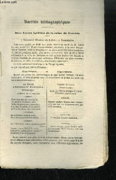 EXTRAIT BULLETIN DU BOUQUINISTE - VARIETE BIBLIOGRAPHIQUES - DEUX FARCES INEDITES DE LA REINE DE NAVARRE - NOTICE SUR LA BIBLIOTHEQUE POLONAISE A PARIS - LES HISTORIENS DE LILLE (SUITE) - NECROLOGIE - NOTE ADDITIONNELLE