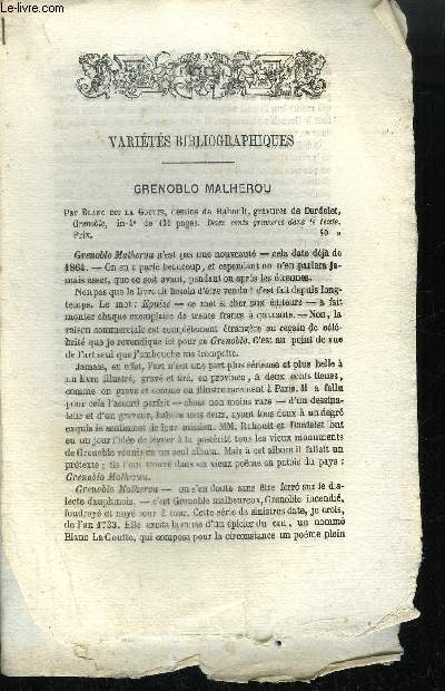 EXTRAIT BULLETIN DU BOUQUINISTE - VARIETE BIBLIOGRAPHIQUES - GRENOBLO MALHEROU - DE LA DECORATION HUMAINE - HYGIENE DE LA BEAUTE -ESSAI SUR LA VIE DET LES OUVRAGES DE FLORIMOND DE RAYMOND