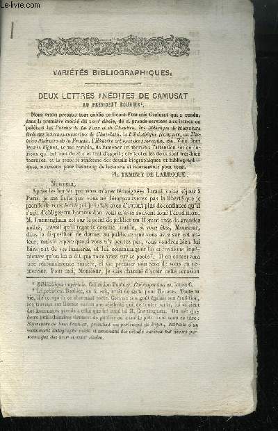 EXTRAIT BULLETIN DU BOUQUINISTE - VARIETE BIBLIOGRAPHIQUES - DEUX LETTRES INEDITES DE CAMUSAT AU PRESIDENT BOUHIER - ARMORIAL D'ARTOIS ET DE PICARDIE - BLUETTES ET BOUTADES - LE CHIEN COURANT -
