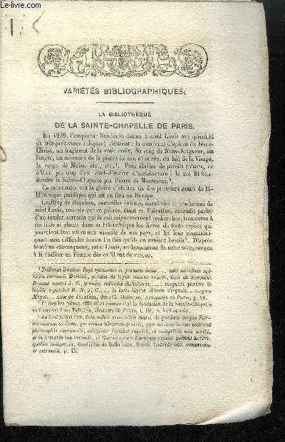 EXTRAIT BULLETIN DU BOUQUINISTE - VARIETE BIBLIOGRAPHIQUES - LA BIBLIOTHEQUE DE LA STE CHAPELLE DE PARIS - COURRIER ANGLAIS - DISCOURS ET ECRITURE DE M. DE VAUVENARGUES - CORRESPONDANCE INEDITE DE MONTEIL