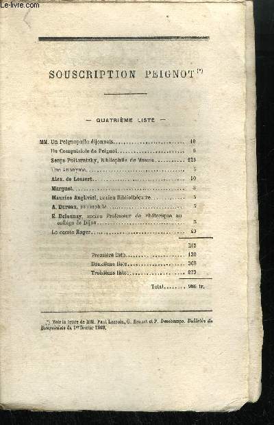 EXTRAIT BULLETIN DU BOUQUINISTE - VARIETE BIBLIOGRAPHIQUES - SOUSCRIPTION PEIGNOT - RYMAILLE SUR LES PLUS CELEBRES BIBLIOTIERES DE PARIS (SUITE)