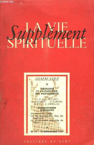 LA VIE SPIRITUELLE - SUPPLEMENT N19 - 15 NOVEMBRE 1951