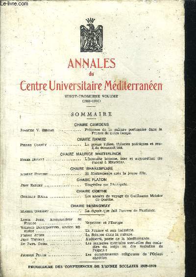 ANNALES DU CENTRE UNIVERSITAIRE MEDITERRANEEN - VINGT-TROISIEME VOLUME (1969-1970) PROGRAMME DES CONFERENCES DE L'ANNEE SCOLAIRE 1969-1970 - TOME XXIII