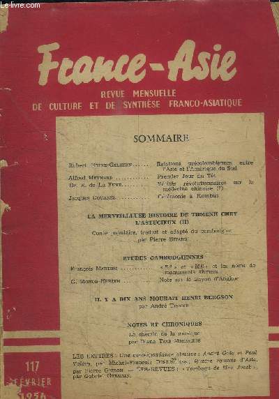 FRANCE-ASIE - REVUE MENSUELLE DE CULTURE ET DE SYNTHESE FRANCO-ASIATIQUE N117 TOME XII - FEVRIER 1956