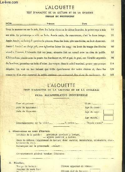 L'ALOUETTE - TEST D'ANALYSE DE LA LECTURE ET DE LA DYSLEXIE - FICHE RECAPITULATIVE INDIVIDUELLE + FEUILLE DE PROTOCOLE (lot de 2 feuillets)