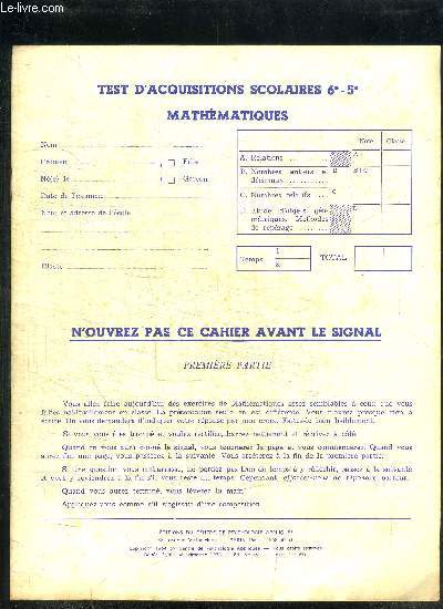 TEST D'ACQUISITIONS SCOLAIRES 6e-5e MATHEMATIQUES