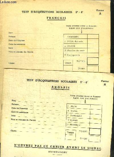 TEST D'ACQUISITIONS SCOLAIRES 5e-4e - ANGLAIS + FRANCAIS - FORME A