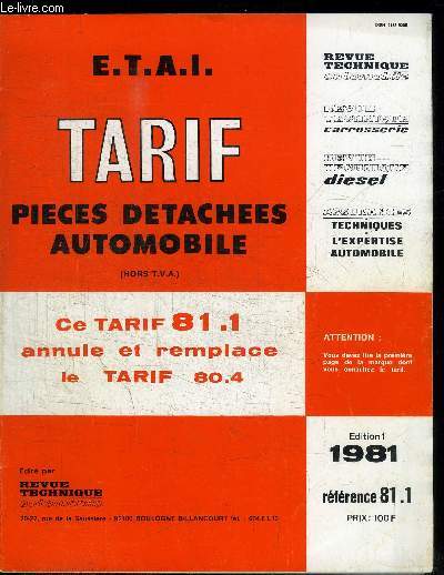 REVUE TECHNIQUE - TARIF PIECES DETACHEES AUTOMOBILE 81.1 - EDITION 1981