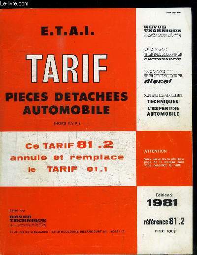 REVUE TECHNIQUE - TARIF PIECES DETACHEES AUTOMOBILE 81.2 - EDITION 1981