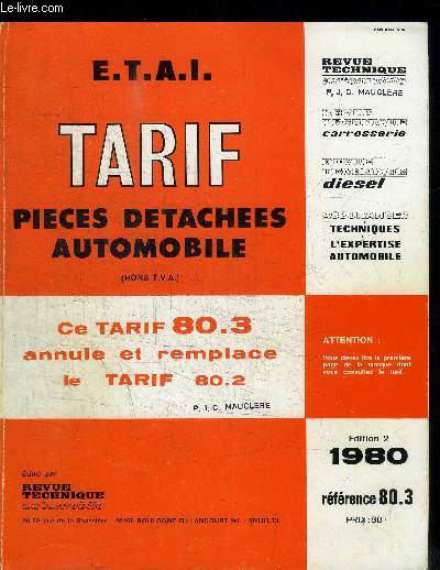 REVUE TECHNIQUE - TARIF PIECES DETACHEES AUTOMOBILE 80.3 - EDITION 1980