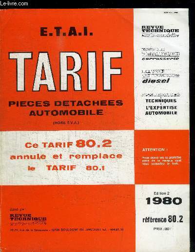 REVUE TECHNIQUE - TARIF PIECES DETACHEES AUTOMOBILE 80.2 - EDITION 1980