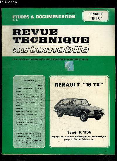 ETUDES ET DOCUMENTATION REVUE TECHNIQUE AUTOMOBILE - RENAULT 16 TX - CIP 3392
