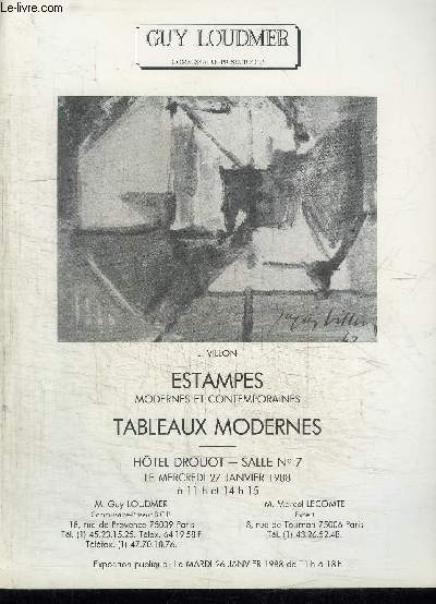 CATALOGUE DE VENTE AUX ENCHERES : ESTAMPES MODERNES ET CONTEMPORAINES - TABLEAUX MODERNES - HOTEL DROUOT SALLE N7 - MERCREDI 27 JANVIER 1988