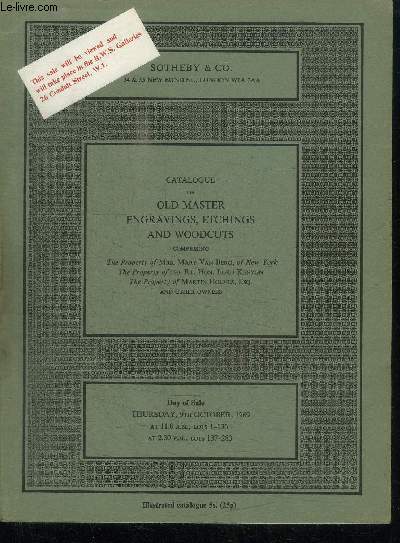 CATALOGUE DE VENTE AUX ENCHERES : CATALOGUE OF OLD MASTER ENGRAVINGS ETCHINGS AND WOODCUTS - thrusday 9th october 1969