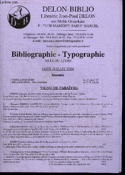 CATALOGUE DELON-BIBLIO LIBRAIRIE JEAN-PAUL DELON - BIBLIOGRAPHIE TYPOGRAPHIE ARTS DU LIVRE - LISTE JUILLET 2004