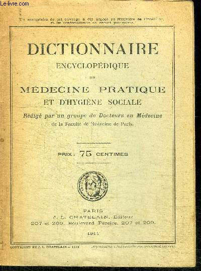 DICTIONNAIRE ENCYCLOPEDIQUE DE MEDECINE PRATIQUE ET D'HYGIENE SOCIALE