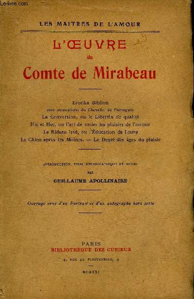 L'OEUVRE DU COMTE DE MIRABEAU - COLLECTION LES MAITRES DE L'AMOUR.