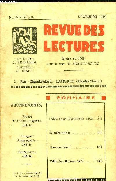 REVUE DES LECTURES NUMERO SPECIAL DECEMBRE 1946