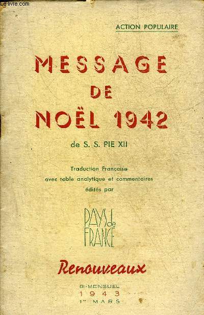 MESSAGE DE NOEL 1942 DE S.S. PIE XII