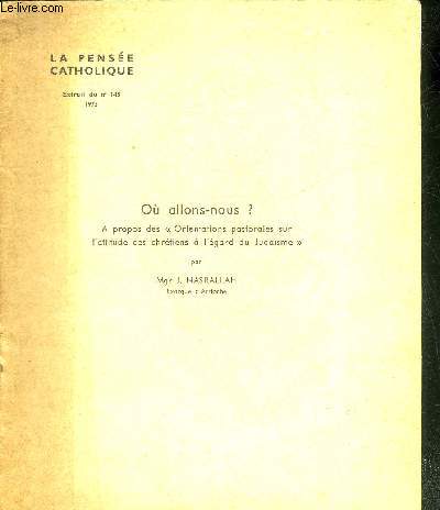 OU ALLONS NOUS ? A PROPOS DES ORIENTATIONS PASTORALES SUR L'ATTITUDE DES CHRETIENS A L'EGARD DU JUDAISME - LA PENSEE CATHOLIQUE EXTRAIT DU N145 1973