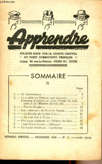 Apprendre - Bulletin dit par le Comit Central du Parti Communiste Franais - N11 spcial dcembre 1950