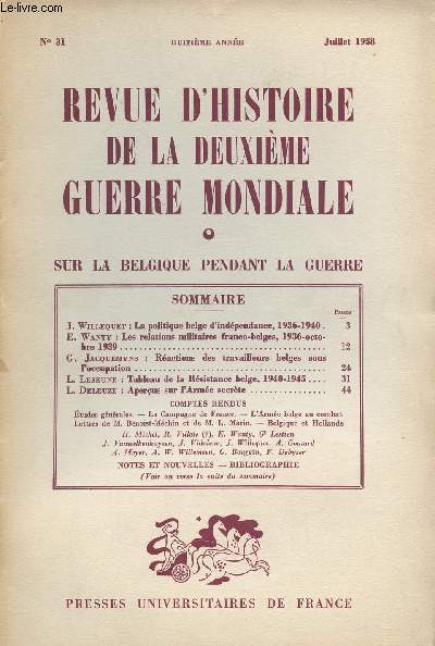 Revue d'Histoire de la deuxime guerre mondiale - n31 juillet 1958